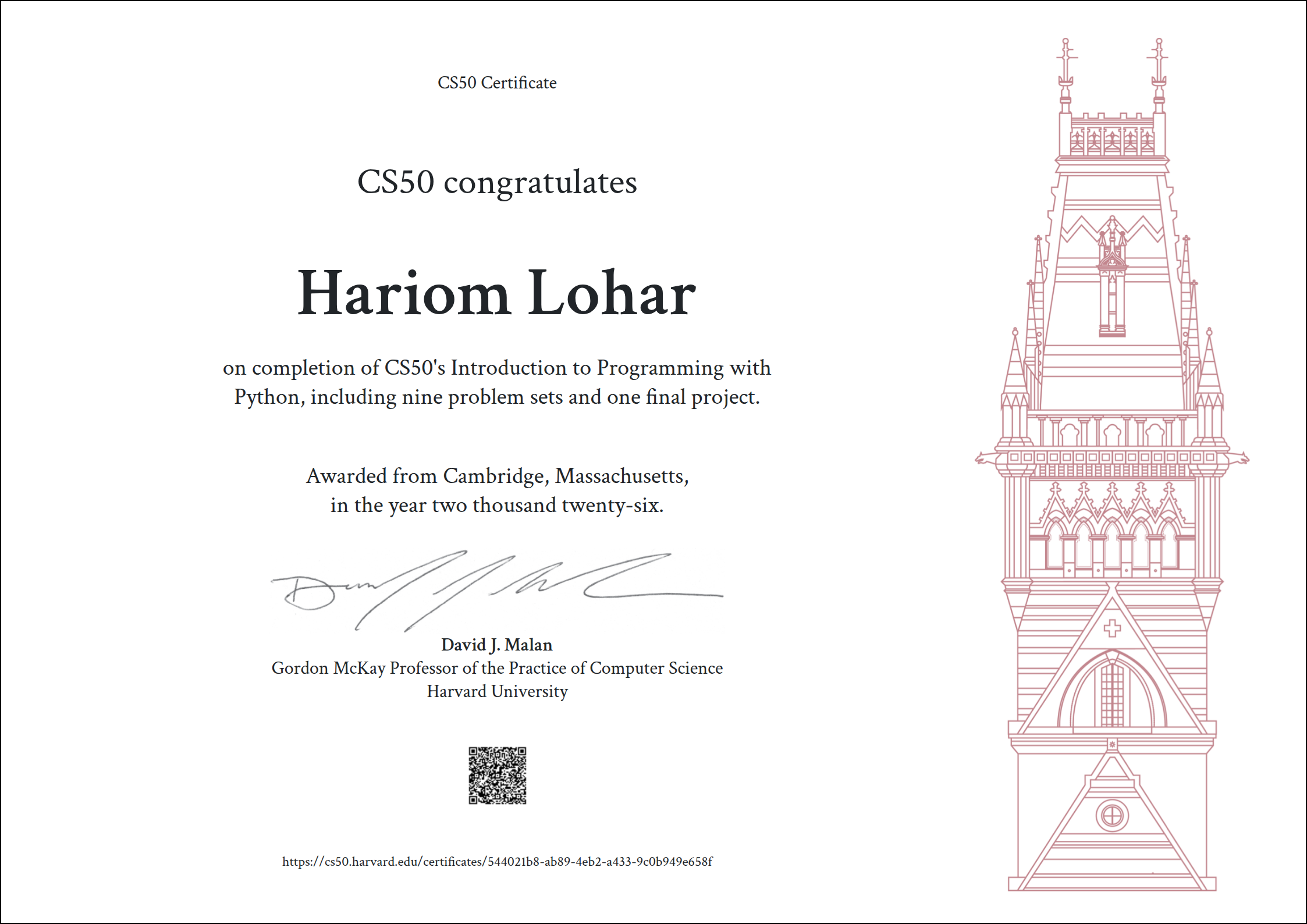 Harvard CS50P certificate — Introduction to Programming with Python, awarded to Hariom Lohar, 2026
